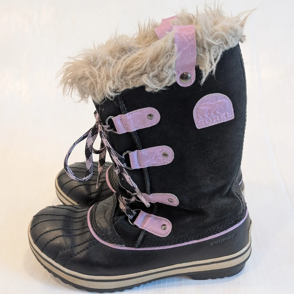 SOREL Youth Joan Of Arctic Black Purple Lace-up Winter Boots Fur Trim Size 6